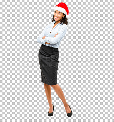 Buy stock photo Christmas hat, business woman and portrait with a smile with party event accessory. Female person, happy professional and isolated on a transparent, png background with holiday and celebration
