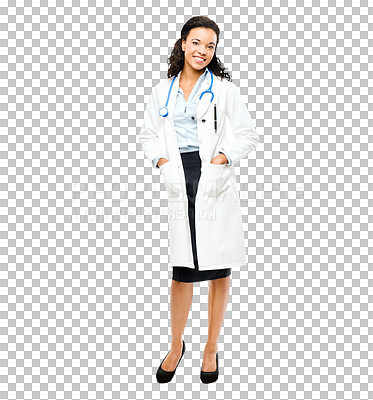 Buy stock photo Doctor, smile and portrait with medical, healthcare and wellness worker feeling happy. African female person, professional and isolated on transparent png background with hospital or clinic employee