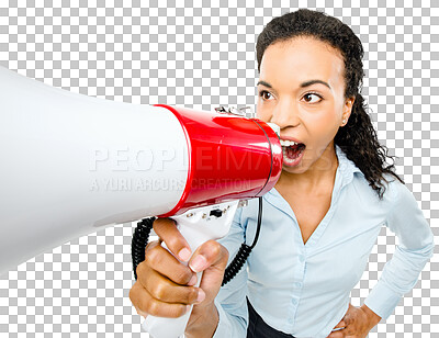 Buy stock photo Isolated young businesswoman, megaphone and shout for promotion, speech or vote by transparent png background. African woman, bullhorn or loudspeaker for communication, broadcast news or announcement