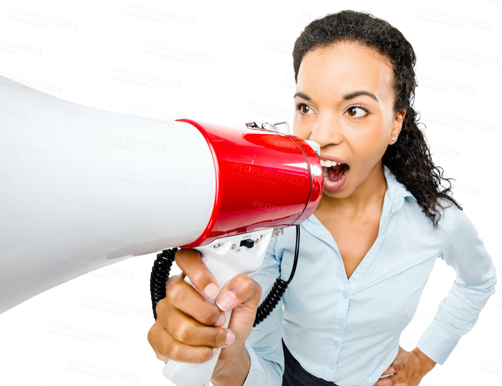 Buy stock photo Isolated young businesswoman, megaphone and shout for promotion, speech or vote by transparent png background. African woman, bullhorn or loudspeaker for communication, broadcast news or announcement