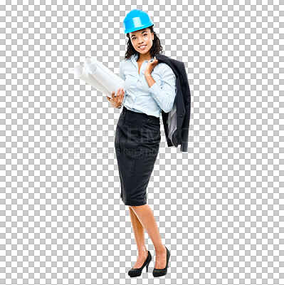 Buy stock photo Isolated woman, helmet and paper for architecture, portrait and blueprint for planning by transparent png background. Female designer, real estate expert and property development at engineering job