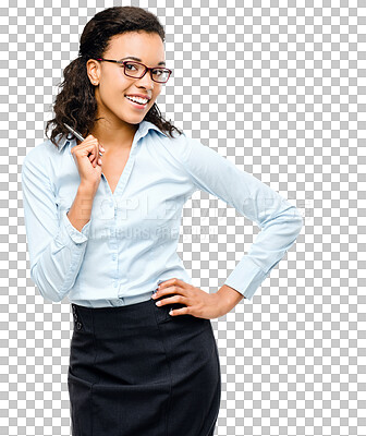 Buy stock photo Business woman, smile and portrait with pen for administration isolated on transparent png background. Secretary, african female person and employee with glasses, professional job and receptionist 
