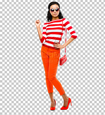 Buy stock photo Isolated woman, sunglasses and bag for fashion portrait with confidence, edgy attitude and transparent png background. Gen z girl, model or female with trendy clothes, red stripes and cool glasses