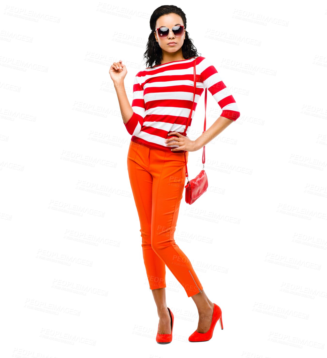 Buy stock photo Isolated woman, sunglasses and bag for fashion portrait with confidence, edgy attitude and transparent png background. Gen z girl, model or female with trendy clothes, red stripes and cool glasses