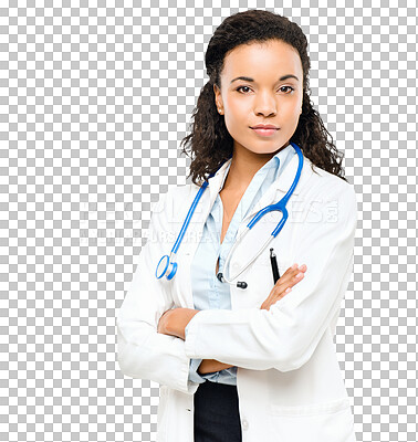 Buy stock photo Doctor, woman and portrait with medical, healthcare and arms crossed of worker. African female person, professional and isolated on a transparent, png background with a hospital and clinic employee