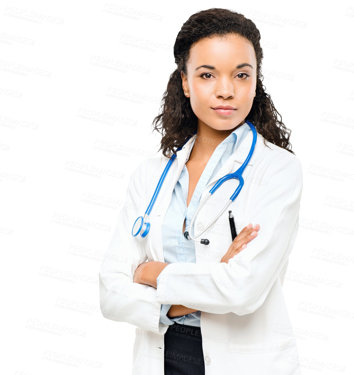 Buy stock photo Doctor, woman and portrait with medical, healthcare and arms crossed of worker. African female person, professional and isolated on a transparent, png background with a hospital and clinic employee