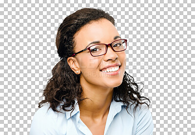 Buy stock photo Business woman, glasses and portrait with work confidence isolated on a transparent, png background. Corporate, African female person and employee with smile and professional style and career
