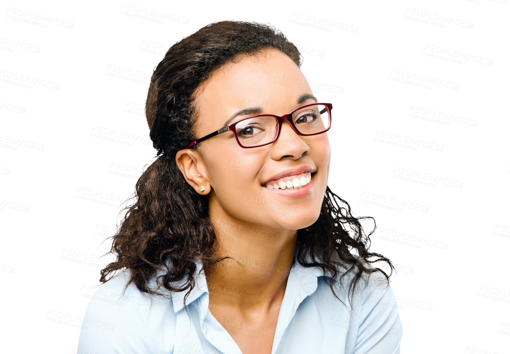 Buy stock photo Business woman, glasses and portrait with work confidence isolated on a transparent, png background. Corporate, African female person and employee with smile and professional style and career
