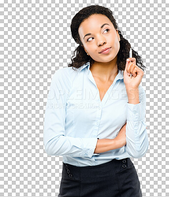 Buy stock photo Business woman, thinking and professional with inspiration isolated on a transparent, png background. Worker, African female person and corporate fashion with ideas and worker with confidence
