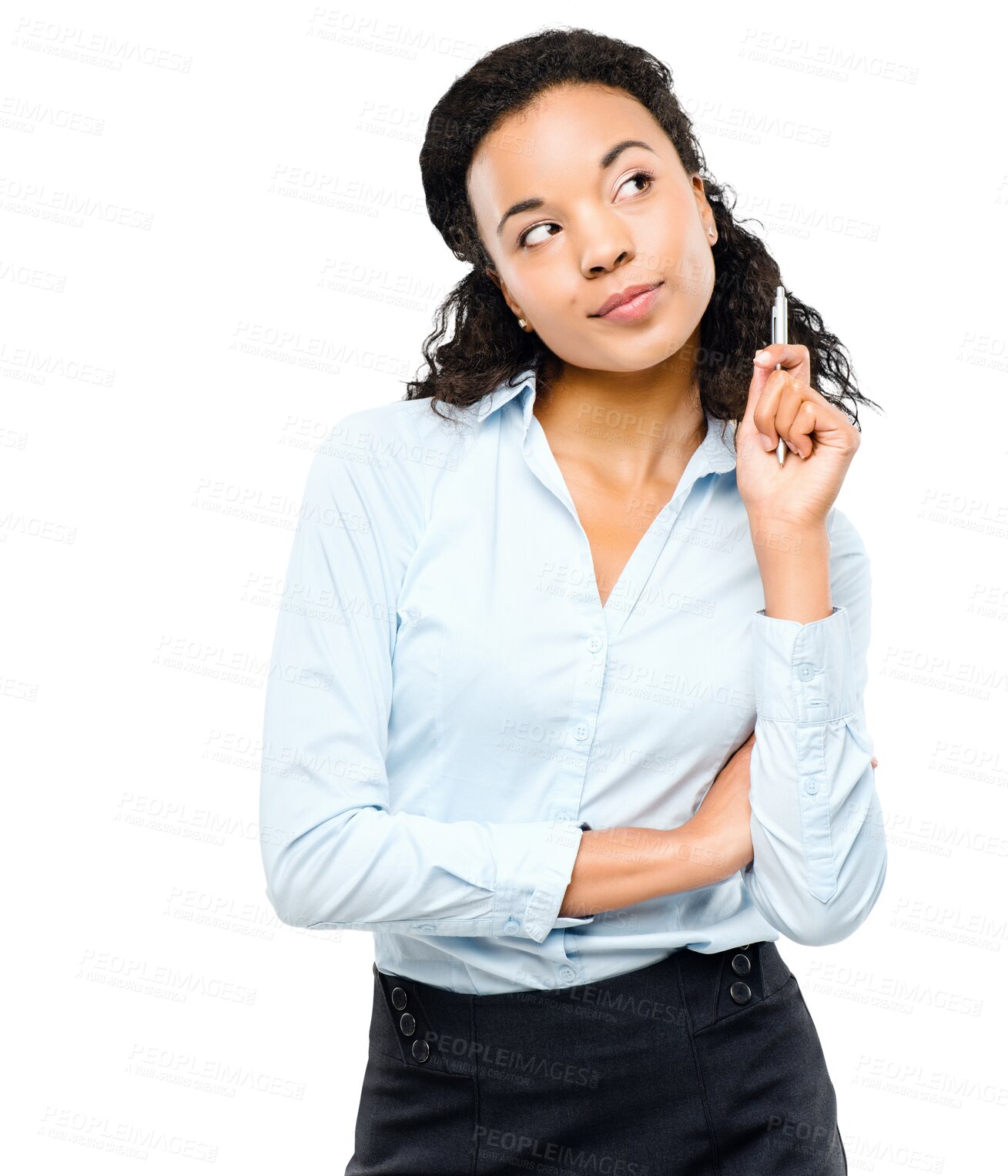 Buy stock photo Business woman, thinking and professional with inspiration isolated on a transparent, png background. Worker, African female person and corporate fashion with ideas and worker with confidence
