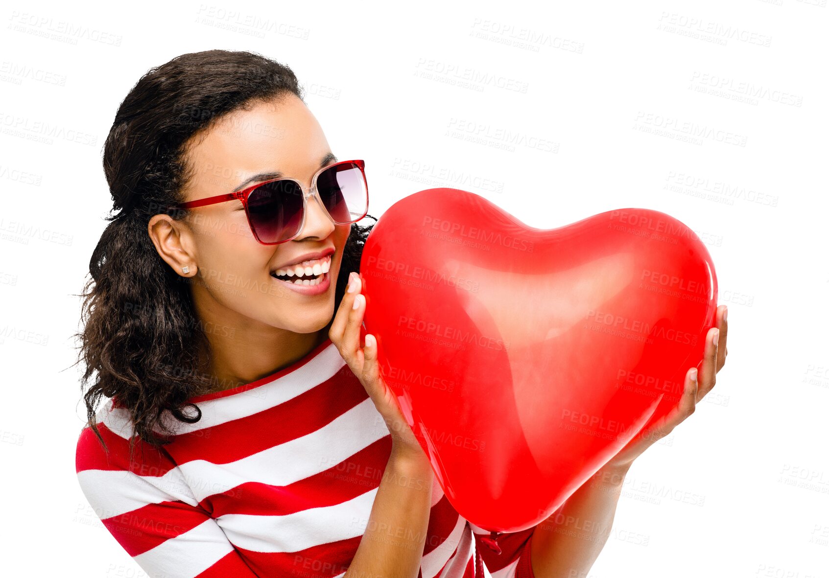 Buy stock photo Woman, laugh and heart balloon with summer fashion and trendy style with love. African female person, young and isolated on a transparent, png background with clothing and stylish wear feeling fun
