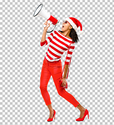 Buy stock photo Woman, megaphone and yelling with christmas hat and announcement with smile. African female person, celebration and isolated on a transparent, png background with fashion for party with speaker
