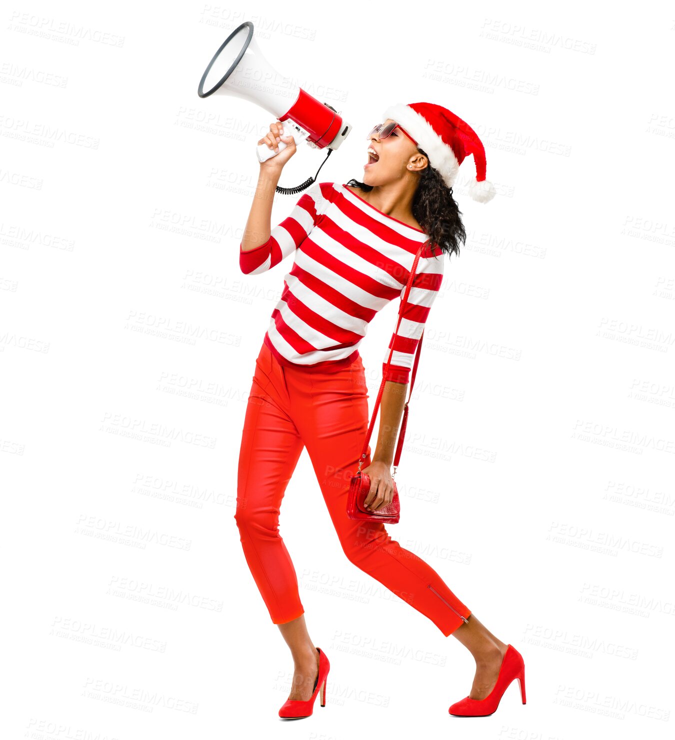 Buy stock photo Woman, megaphone and yelling with christmas hat and announcement with smile. African female person, celebration and isolated on a transparent, png background with fashion for party with speaker
