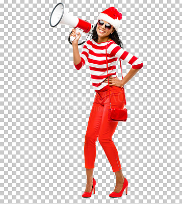 Buy stock photo Woman, megaphone and happy with christmas hat and announcement with smile. African female person, celebration and isolated on a transparent, png background with fashion for party with speaker
