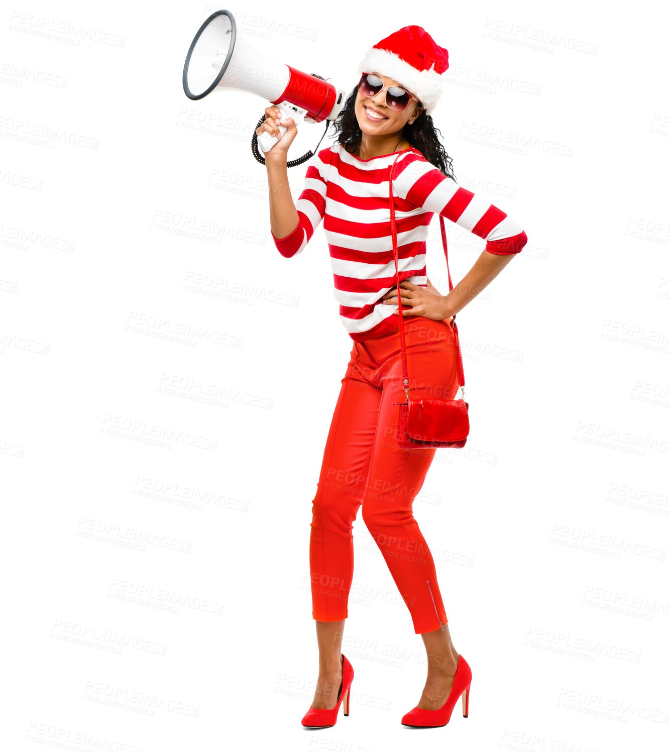 Buy stock photo Woman, megaphone and happy with christmas hat and announcement with smile. African female person, celebration and isolated on a transparent, png background with fashion for party with speaker
