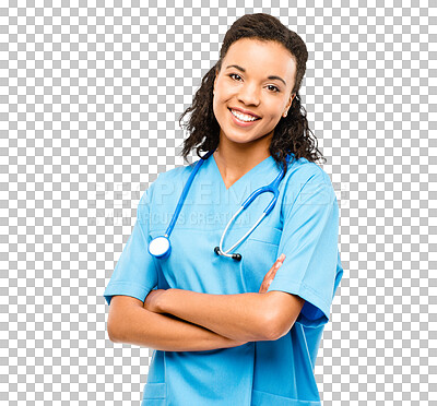 Buy stock photo Woman, doctor and portrait smile with arms crossed in healthcare isolated on a transparent PNG background. Happy female person, nurse or medical professional standing in confidence with stethoscope