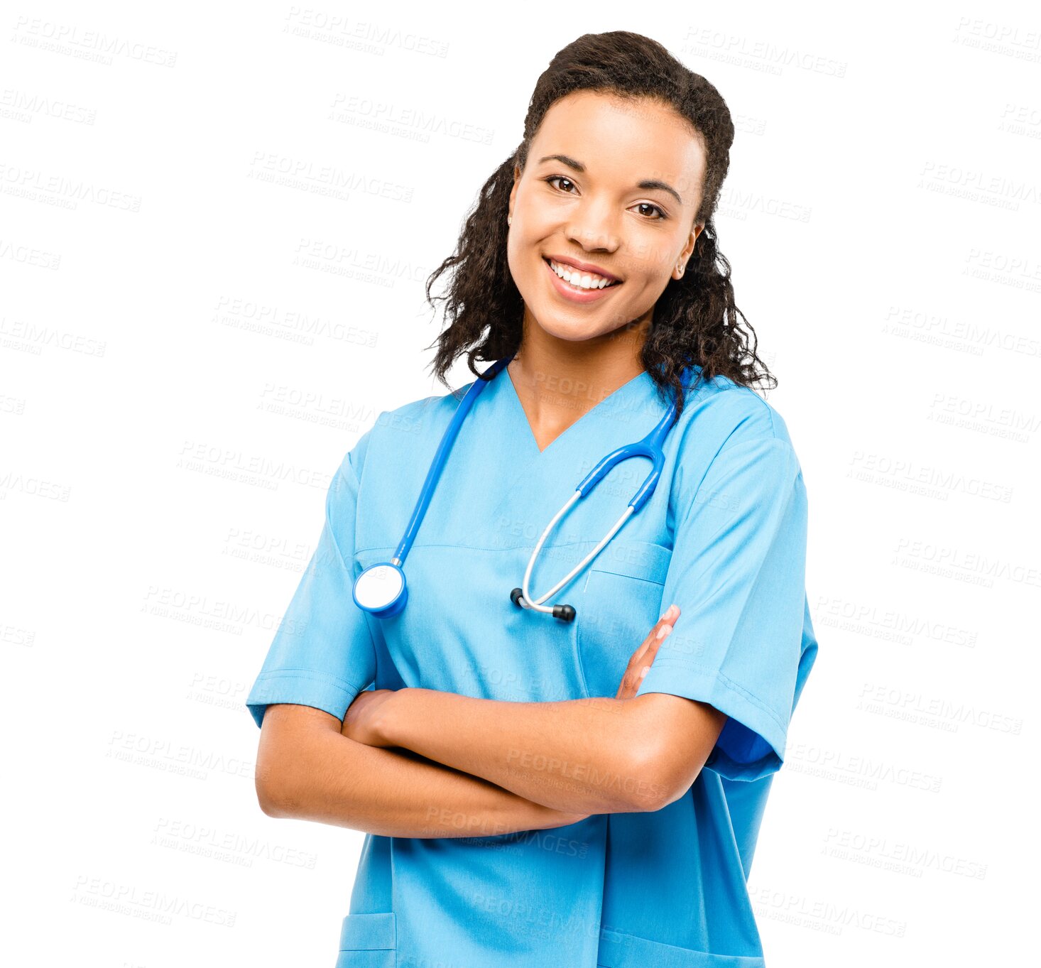 Buy stock photo Woman, doctor and portrait smile with arms crossed in healthcare isolated on a transparent PNG background. Happy female person, nurse or medical professional standing in confidence with stethoscope