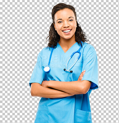 Buy stock photo Happy woman, doctor and portrait with arms crossed in healthcare isolated on a transparent PNG background. Female person, nurse or medical professional smile standing in confidence with stethoscope