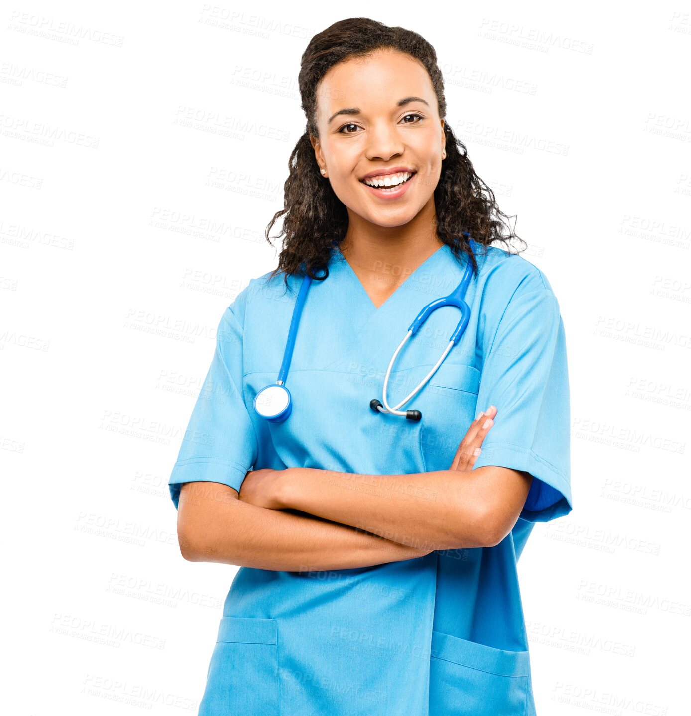 Buy stock photo Happy woman, doctor and portrait with arms crossed in healthcare isolated on a transparent PNG background. Female person, nurse or medical professional smile standing in confidence with stethoscope