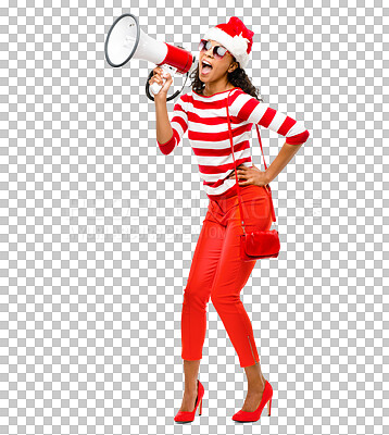 Buy stock photo Woman, megaphone and yell portrait with christmas hat and announcement with smile. African female person, happy and isolated on a transparent, png background with fashion for party with speaker
