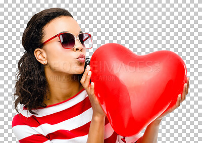 Buy stock photo Woman, kiss and heart balloon with summer fashion and trendy style with love. African female person, pout and isolated on a transparent, png background with red clothing and stylish wear feeling fun
