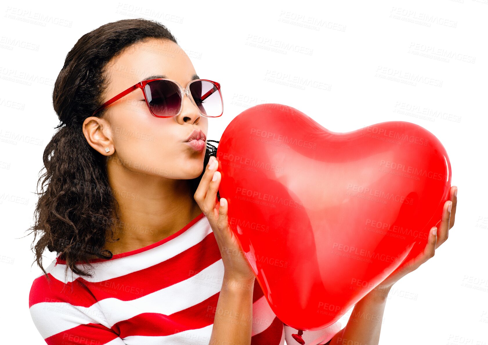 Buy stock photo Woman, kiss and heart balloon with summer fashion and trendy style with love. African female person, pout and isolated on a transparent, png background with red clothing and stylish wear feeling fun
