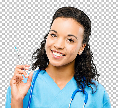 Buy stock photo Woman, doctor and portrait smile with syringe for injection isolated on a transparent PNG background. Face of happy female person or medical professional holding needle for vaccine, cure or flu shot