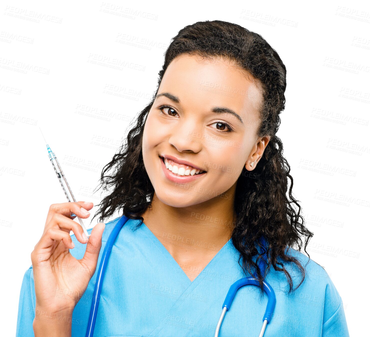 Buy stock photo Woman, doctor and portrait smile with syringe for injection isolated on a transparent PNG background. Face of happy female person or medical professional holding needle for vaccine, cure or flu shot