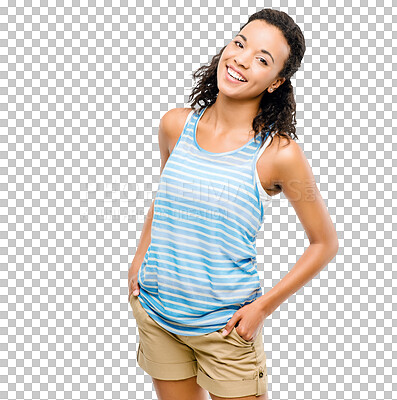 Buy stock photo Isolated young african woman, portrait and smile in casual fashion by transparent png background. Girl, model or student with summer clothes, happy and hands in pocket with confidence, youth or pride