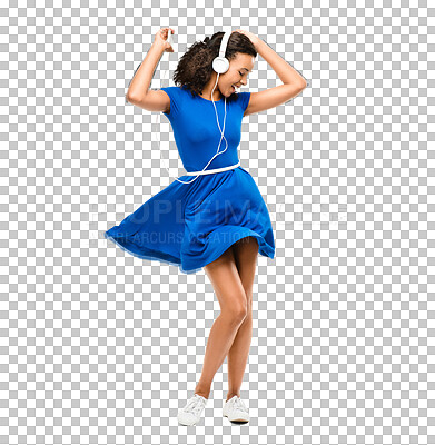 Buy stock photo Happy woman, headphones and dancing listening to music isolated on a transparent PNG background. Excited female person, lady or model in dance with dress and headset in celebration for audio or sound