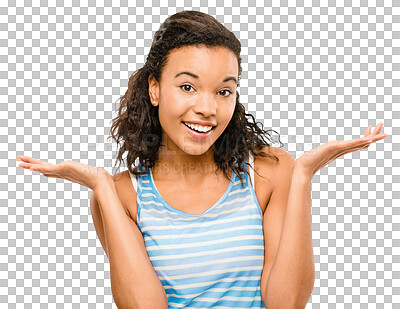 Buy stock photo Happy woman, thinking and doubt for choice or decision isolated on a transparent PNG background. Portrait of female person, lady or model with smile or confused facial expression, dont know or unsure