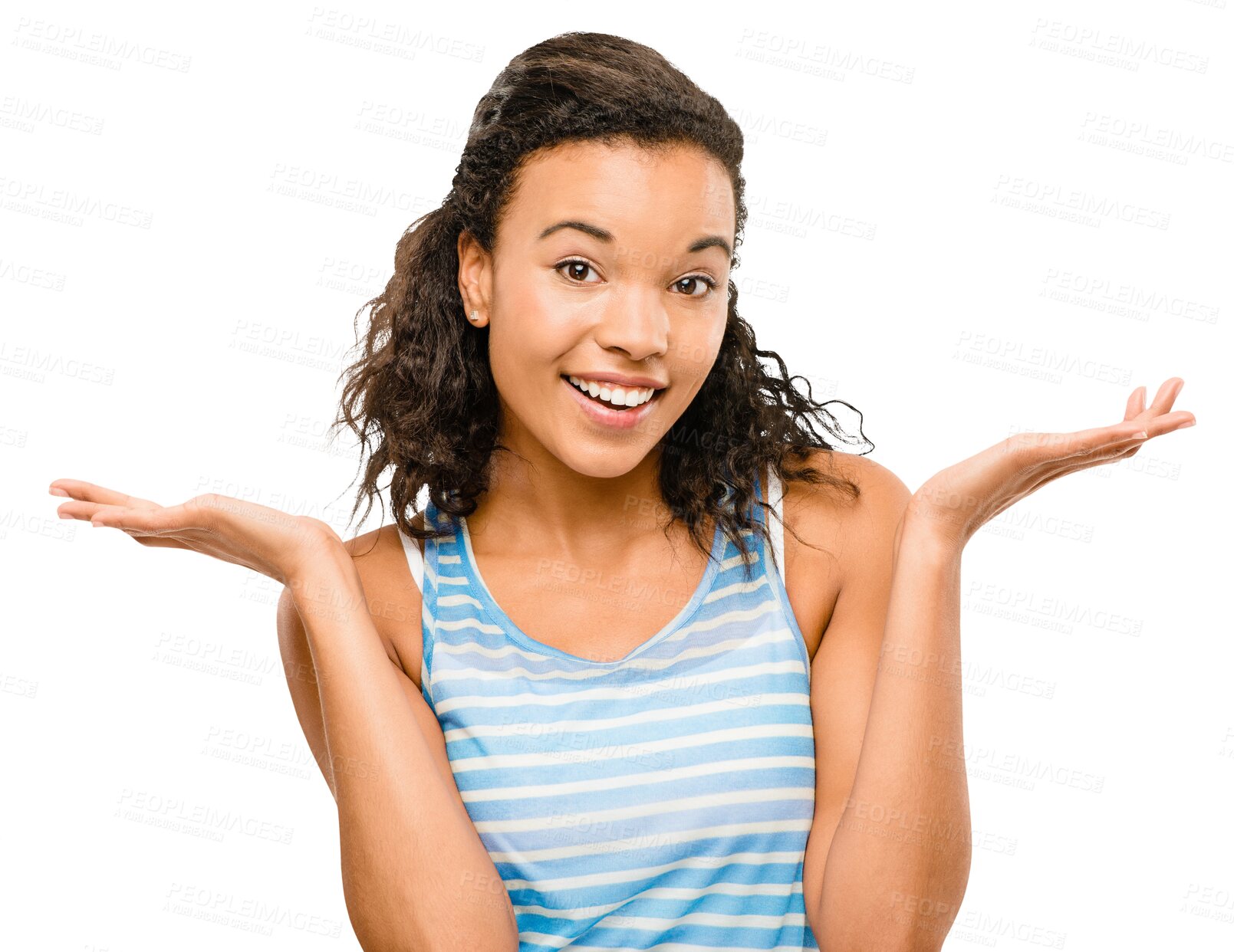 Buy stock photo Happy woman, thinking and doubt for choice or decision isolated on a transparent PNG background. Portrait of female person, lady or model with smile or confused facial expression, dont know or unsure