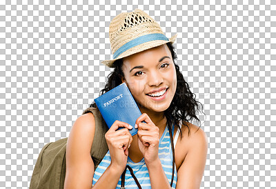 Buy stock photo Isolated woman, passport and portrait on travel, vacation or excited by transparent png background. Student girl, smile or document for international compliance, identity or immigration with backpack