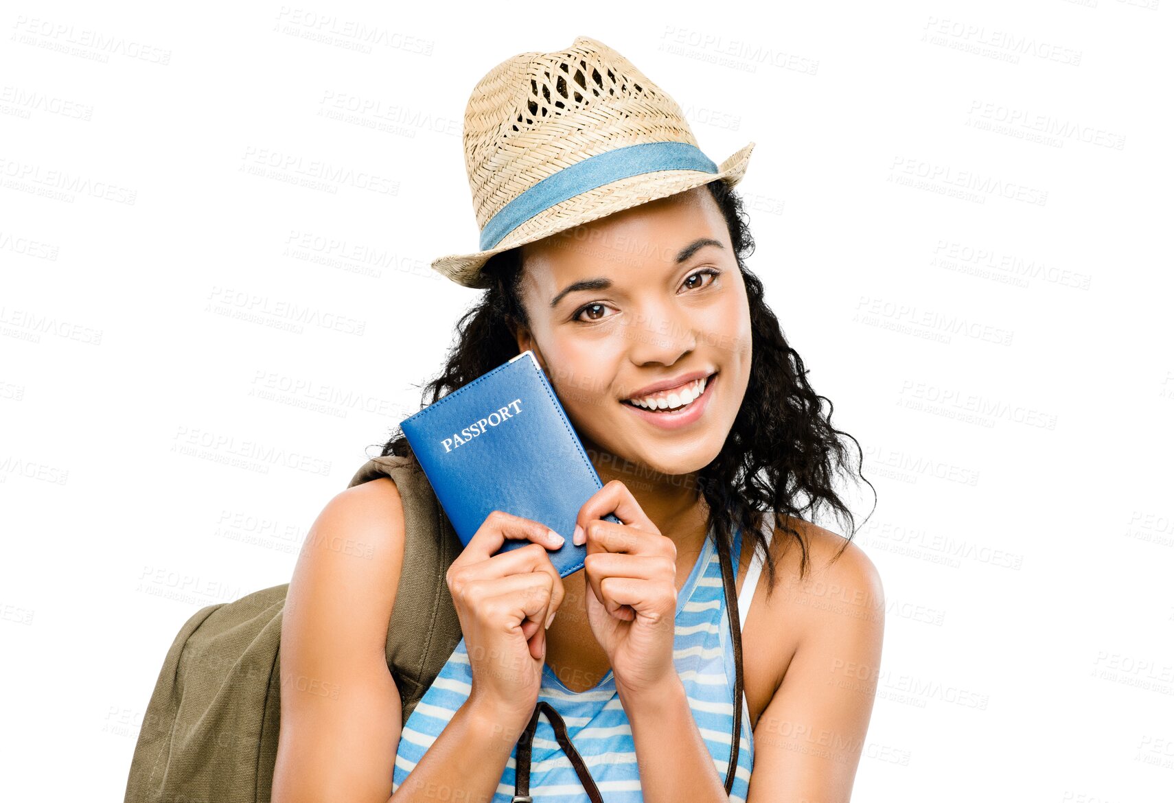 Buy stock photo Isolated woman, passport and portrait on travel, vacation or excited by transparent png background. Student girl, smile or document for international compliance, identity or immigration with backpack