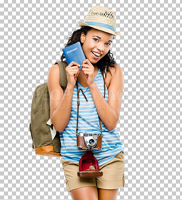 Buy stock photo Isolated woman, passport and portrait on holiday, travel or excited by transparent png background. Student girl, smile or document for international compliance, identity or immigration with backpack