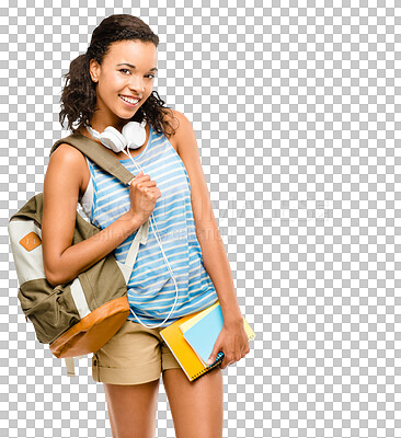 Buy stock photo Happy woman, portrait smile and student with bag standing isolated on a transparent PNG background. Female person in higher education smiling with backpack, headphones or books for learning or study