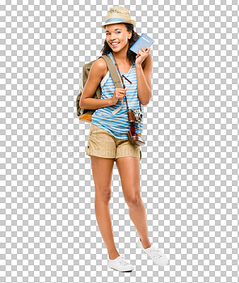 Buy stock photo Isolated girl, passport and portrait on travel, vacation or excited by transparent png background. Student woman, smile or document for international compliance, identity or immigration with backpack