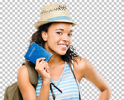 Buy stock photo Isolated woman, passport and portrait on vacation, travel or excited by transparent png background. Student girl, smile or document for international compliance, identity or immigration with backpack