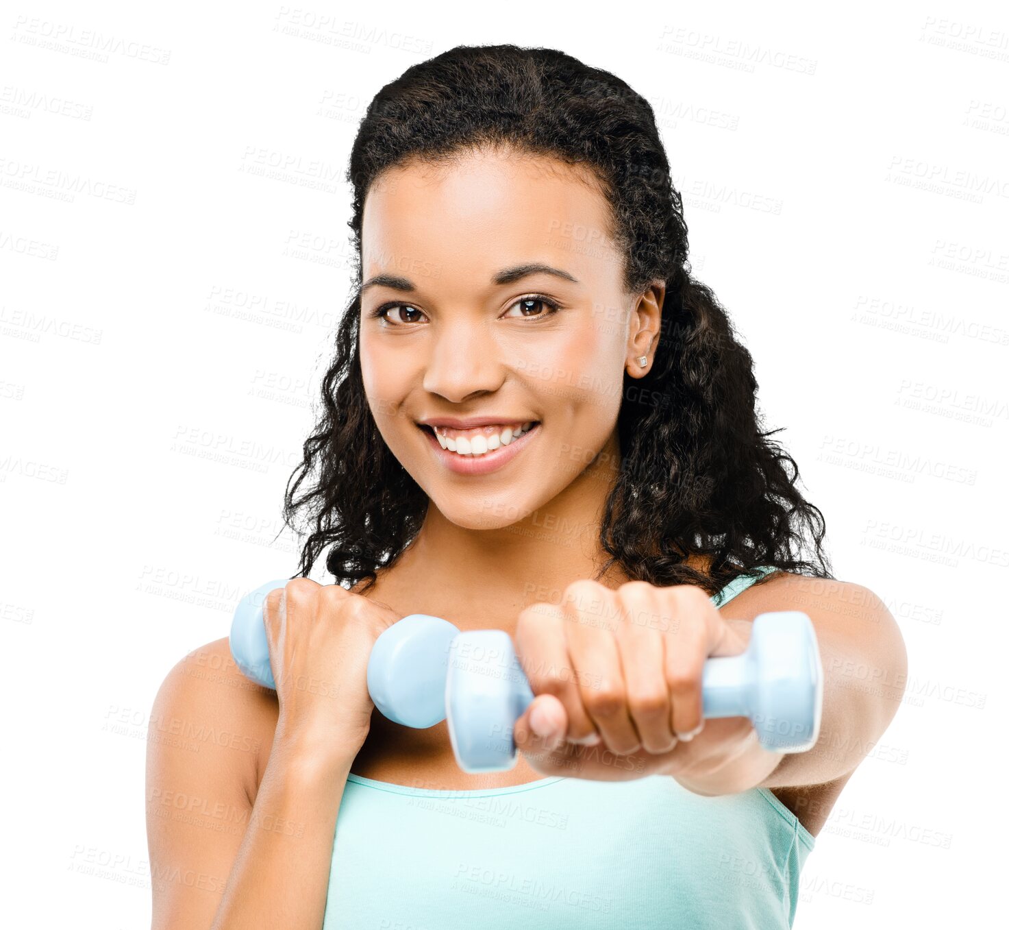 Buy stock photo Happy woman, portrait smile and weightlifting with dumbbells isolated on a transparent PNG background. Face of fit and active female person smiling in punch or fist with dumbbell for fitness exercise