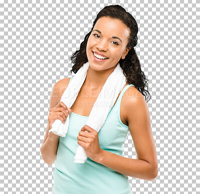 Buy stock photo Happy woman, fitness and portrait smile with towel for sweat isolated on a transparent PNG background. Fit, active and sweaty female person smiling in rest or break after intense workout or exercise