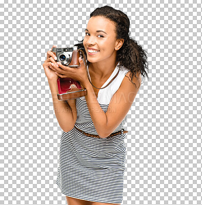 Buy stock photo Isolated woman, retro camera and portrait for photography, happy and transparent png background. Photographer girl, journalist and shooting with vintage lens, magazine or newspaper job with happiness