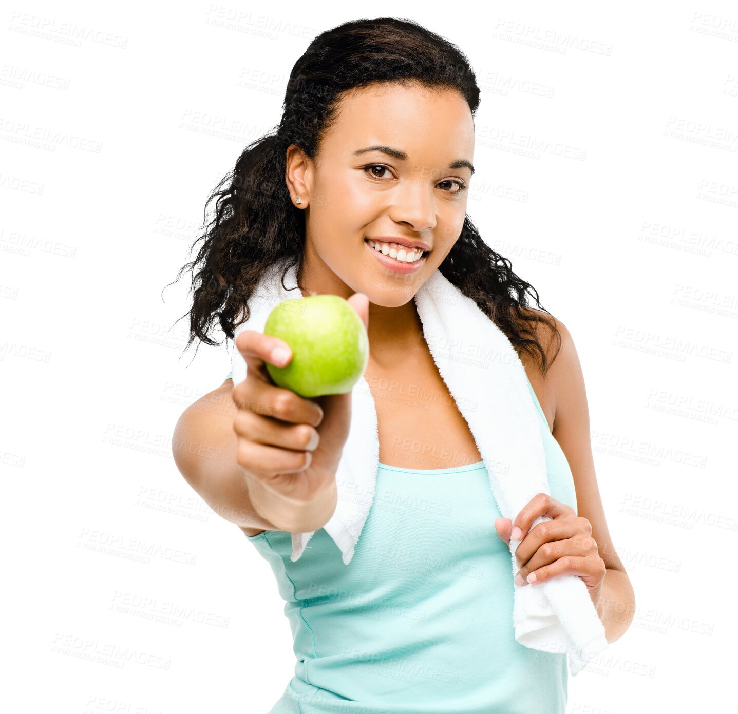 Buy stock photo Happy woman, portrait and apple for diet with towel isolated on a transparent PNG background. Fit, active and healthy female person with smile holding natural organic fruit for nutrition or dieting