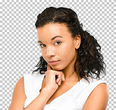 Buy stock photo Woman, portrait and thinking in doubt for choice or decision isolated on a transparent PNG background. Face of female person or lady in think, wonder or question for idea, problem solving or solution