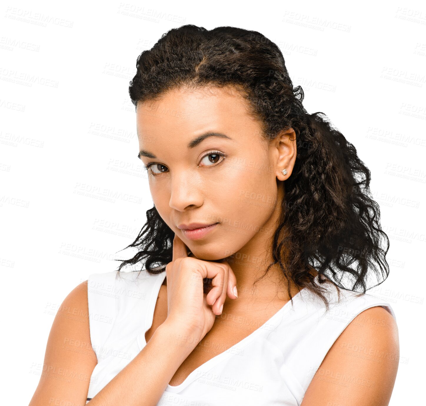 Buy stock photo Woman, portrait and thinking in doubt for choice or decision isolated on a transparent PNG background. Face of female person or lady in think, wonder or question for idea, problem solving or solution