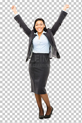 Buy stock photo Winner, celebration and portrait of business woman on isolated, PNG and transparent background. Corporate worker, success and excited female person cheer for winning bonus, promotion and opportunity