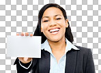 PNG Shot of a young ethnic businesswoman holding up a business card 