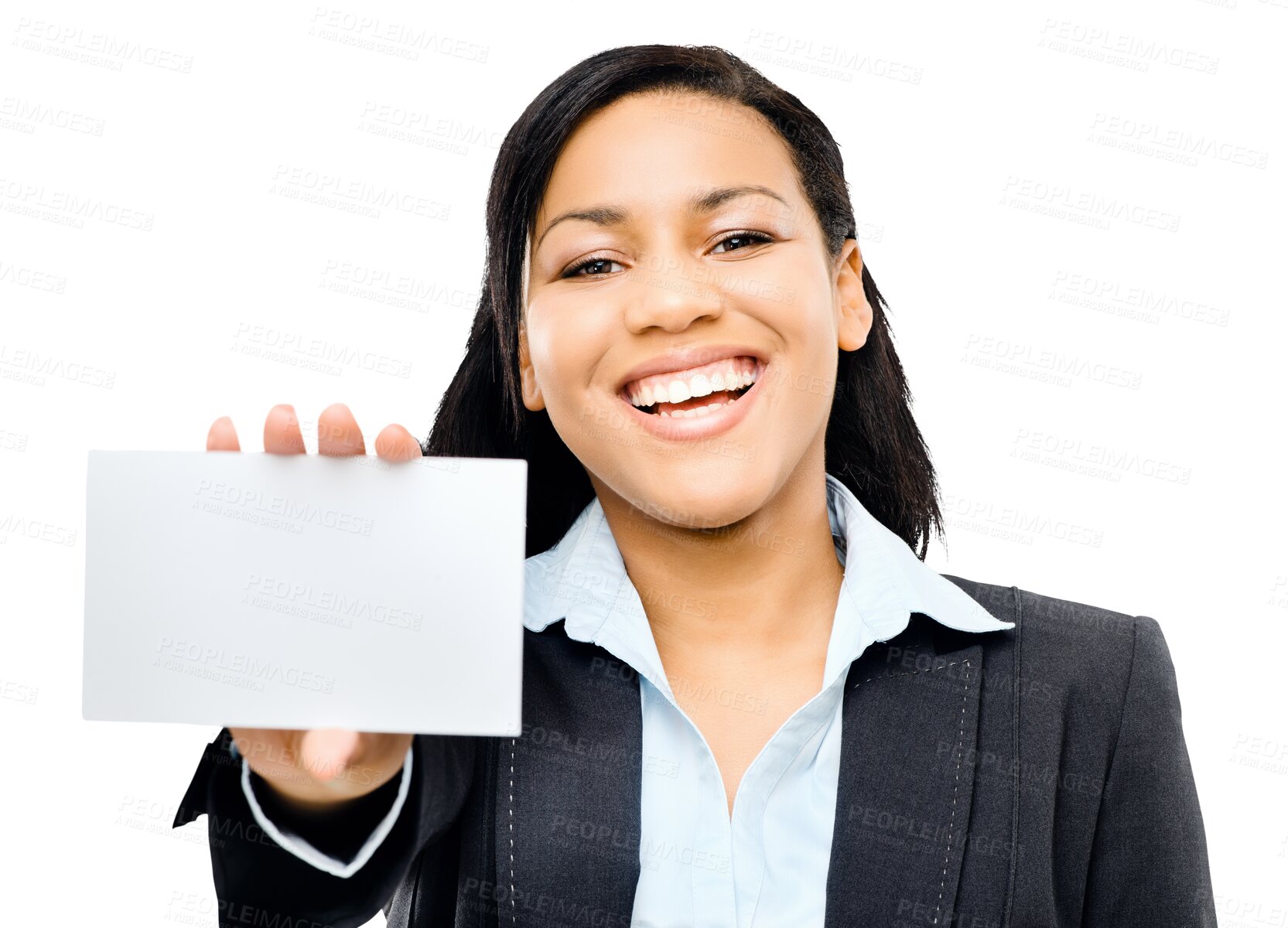 Buy stock photo Business woman, portrait and note mockup for advertising and job announcement with smile. Professional, African female person and isolated on transparent, png background with blank note for message
