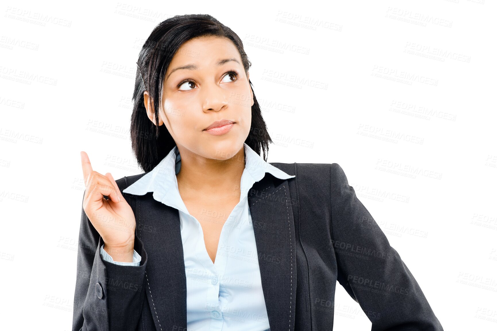 Buy stock photo Thinking, idea and face of business woman on isolated, PNG and transparent background. Corporate worker, wondering and female person in thoughtful pose for question, decision and brainstorming ideas