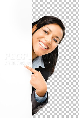 Buy stock photo Business woman, pointing and portrait with poster mockup isolated on a transparent, png background. Female person, happy face and blank sign for advertisement and announcement space with worker
