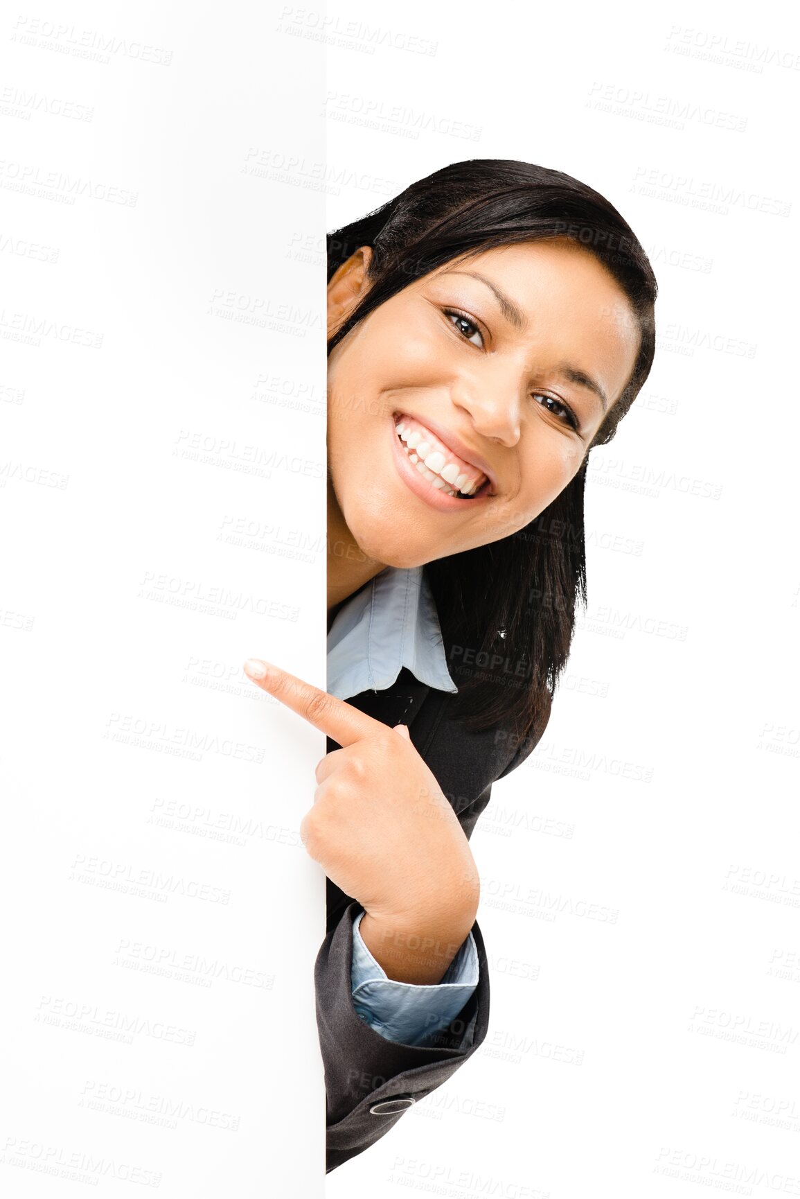 Buy stock photo Business woman, pointing and portrait with poster mockup isolated on a transparent, png background. Female person, happy face and blank sign for advertisement and announcement space with worker
